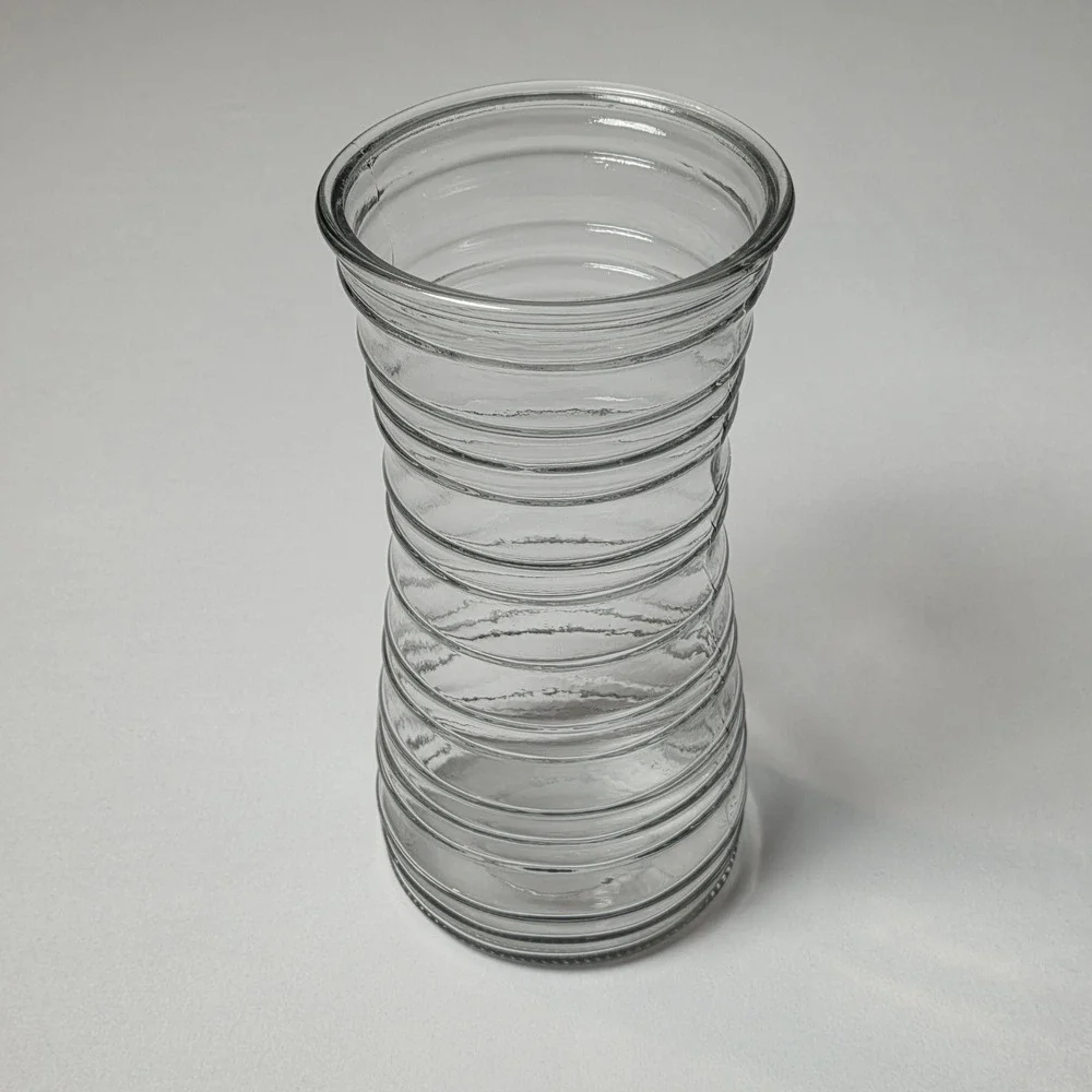 Vintage MCM Clear Ribbed Glass Vase Textured Banding‎ 9.75 Inch Marked 42